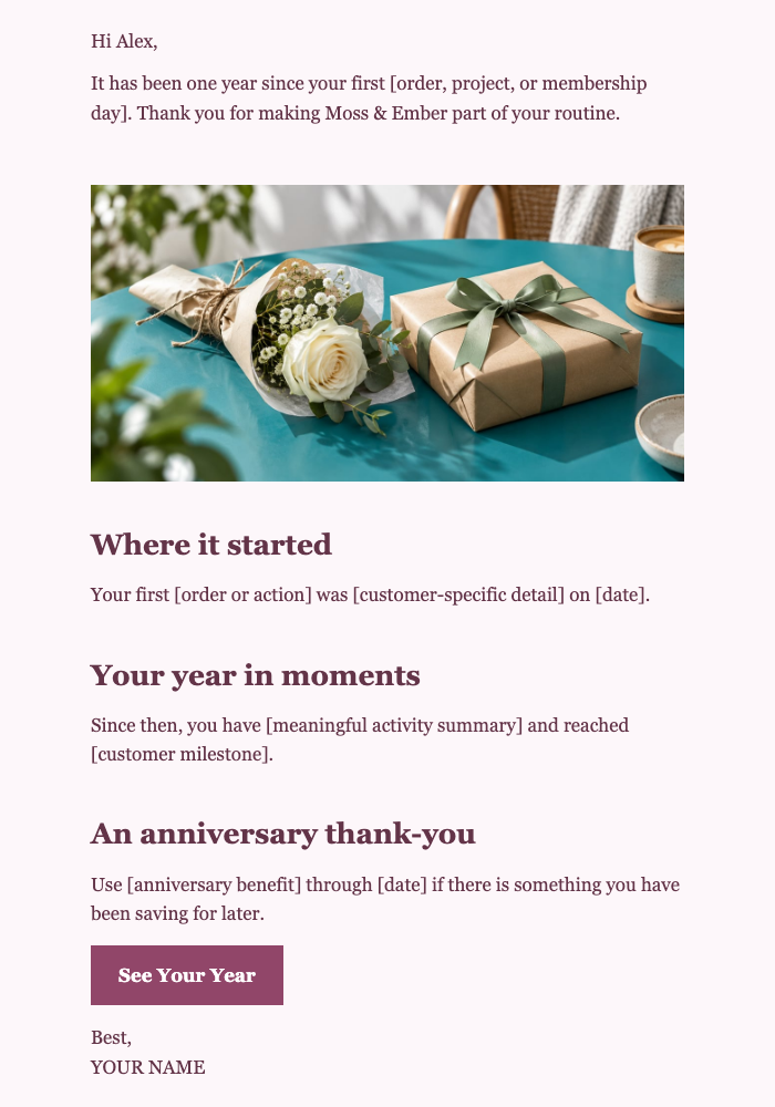 One-Year Customer Anniversary email design preview