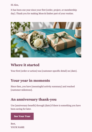 One-Year Customer Anniversary email design preview