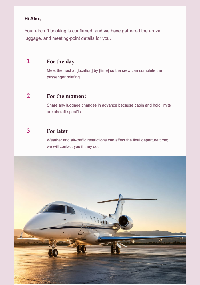 Your Private Flight Arrival Note email design preview