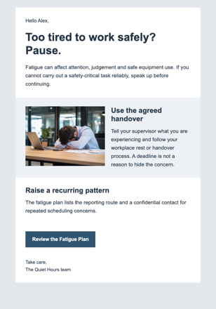Fatigue Is a Safety Signal email design preview