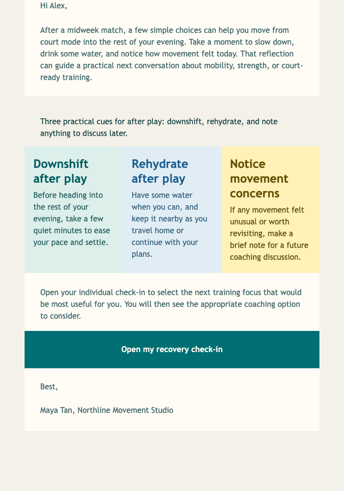 Matchday Recovery Check-In email design preview