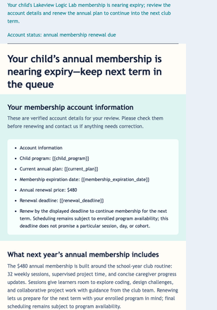 After-School Membership Renewal Dashboard email design preview