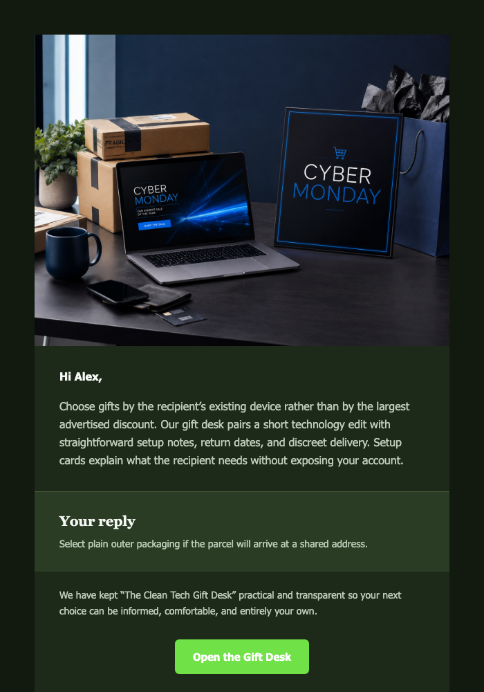 The Clean Tech Gift Desk email design preview