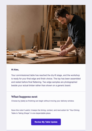 Your Dining Table Is Taking Shape email design preview