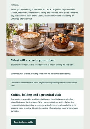 Café House Guide Welcome email design preview