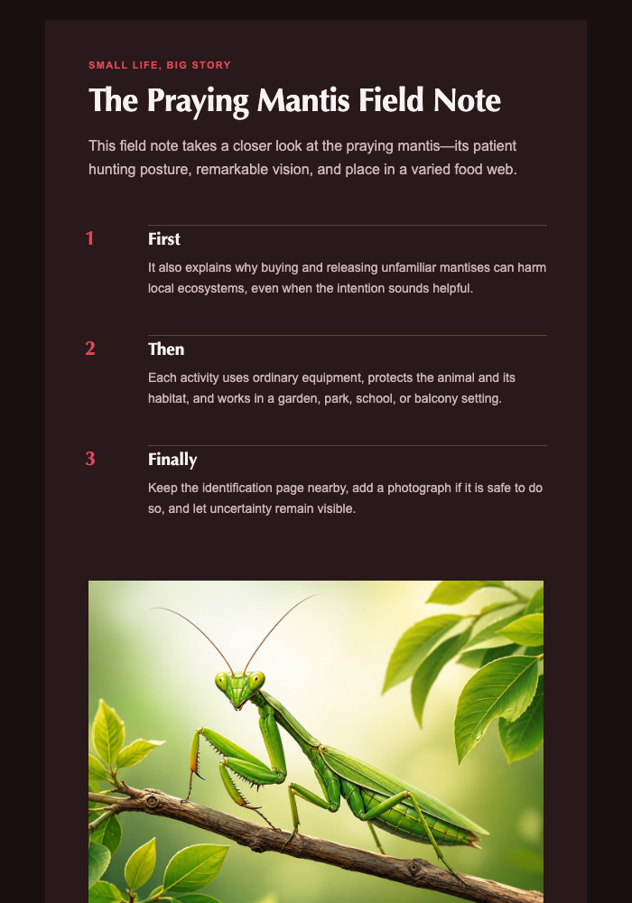 The Praying Mantis Field Note email design preview