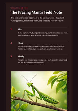 The Praying Mantis Field Note email design preview