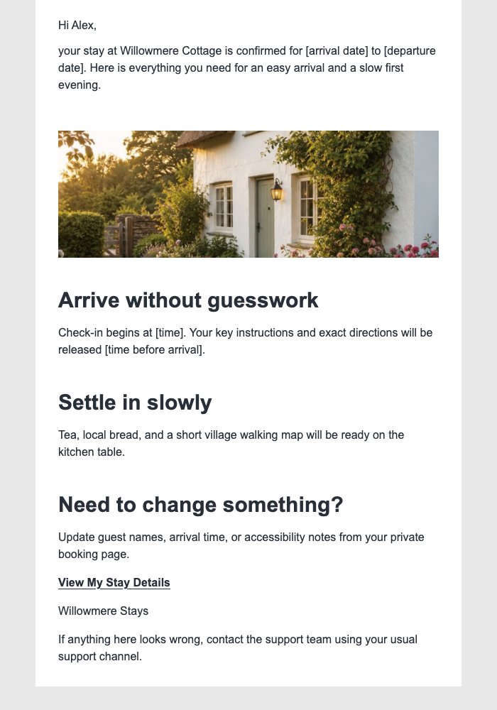Your Willowmere Cottage Stay email design preview