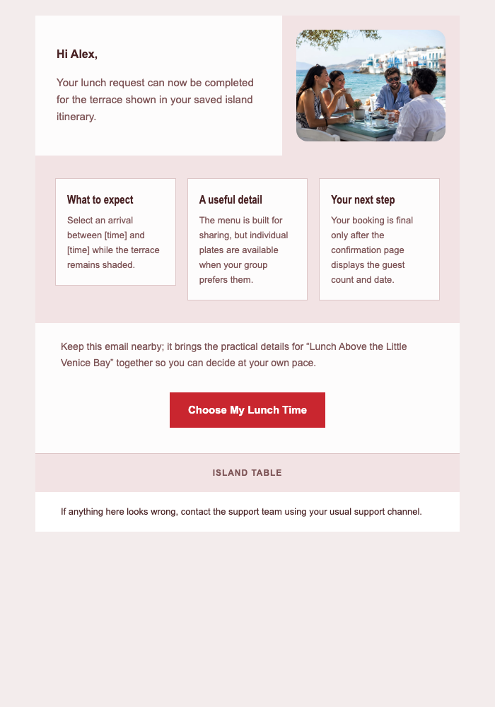 Lunch Above the Little Venice Bay email design preview
