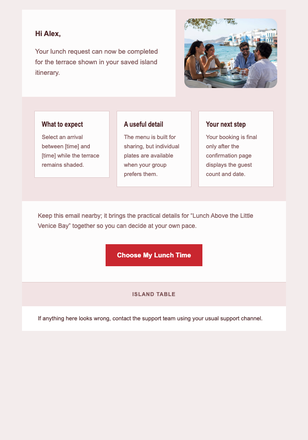 Lunch Above the Little Venice Bay email design preview