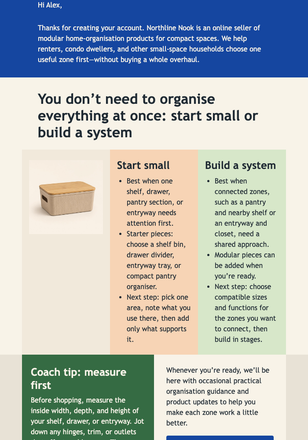 Small-Space Shop Welcome email design preview