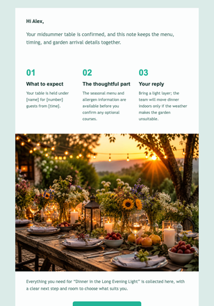 Dinner in the Long Evening Light email design preview