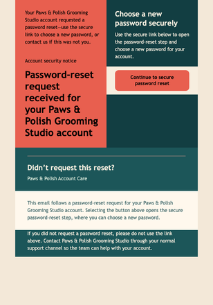 Pet Groomer Password Reset email design preview