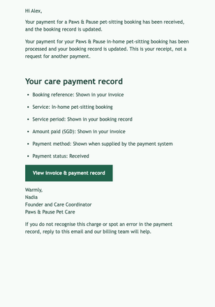 Pet Care Payment Received email design preview