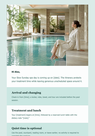Your Slow Sunday Spa Plan email design preview