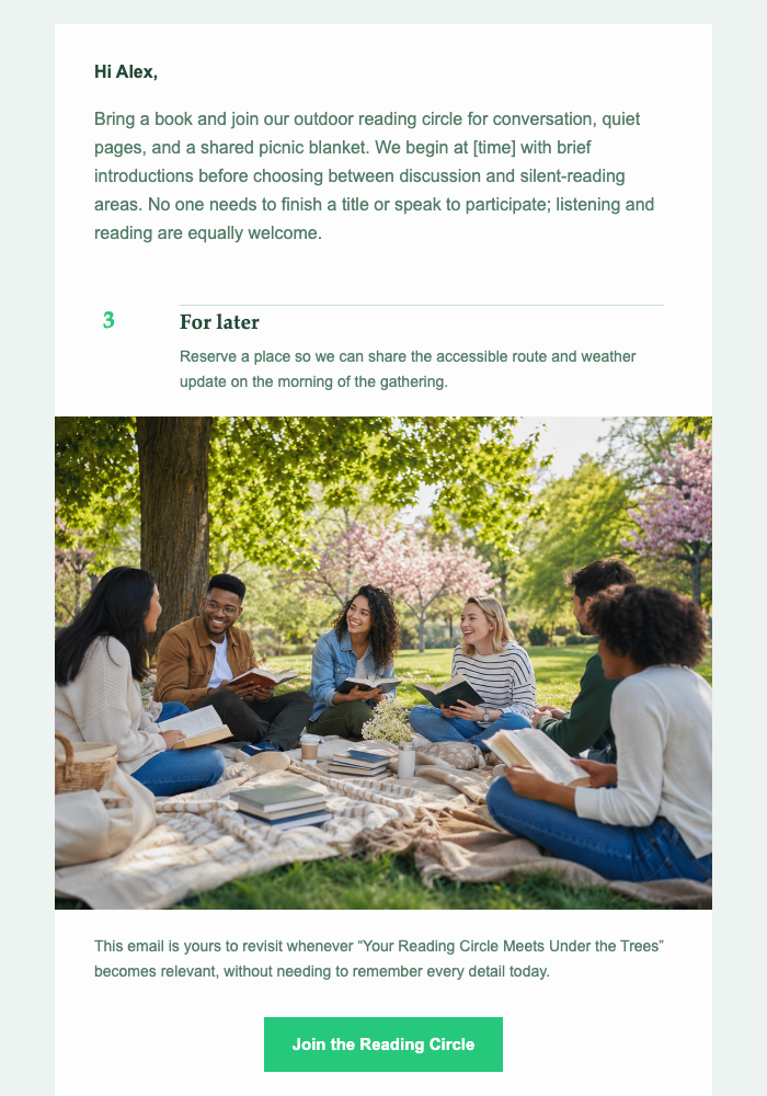 Your Reading Circle Meets Under the Trees email design preview