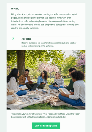 Your Reading Circle Meets Under the Trees email design preview