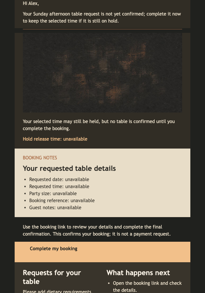 Sunday Table Booking Hold email design preview