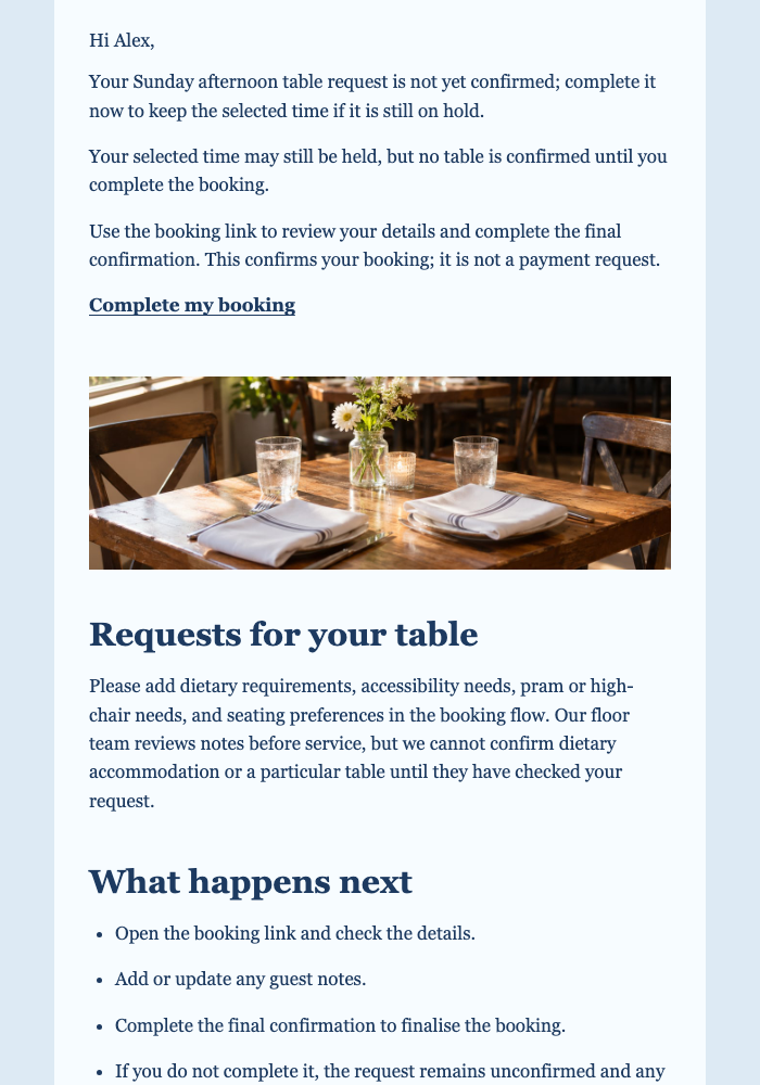 Sunday Table Booking Hold email design preview