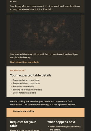 Sunday Table Booking Hold email design preview