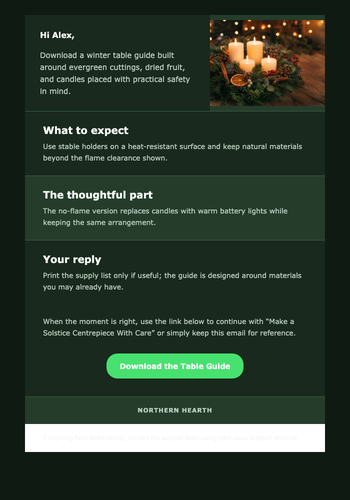 Make a Solstice Centrepiece With Care email design preview