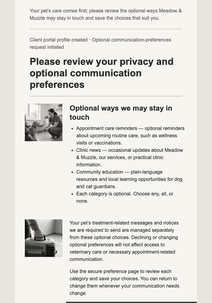 Pet Care Privacy Choices email design preview