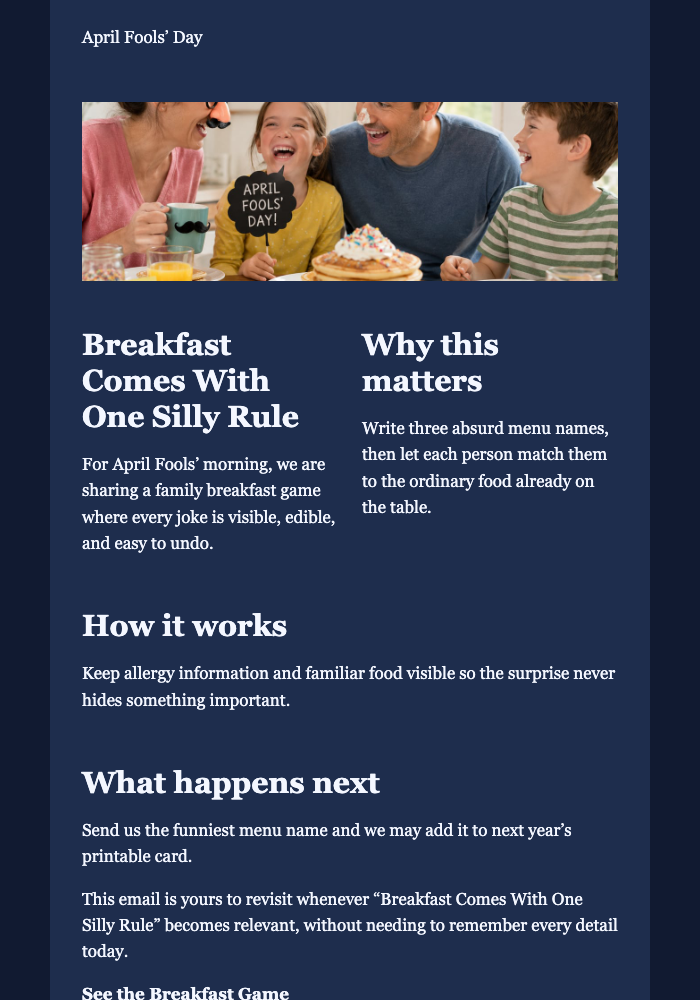 Breakfast Comes With One Silly Rule email design preview
