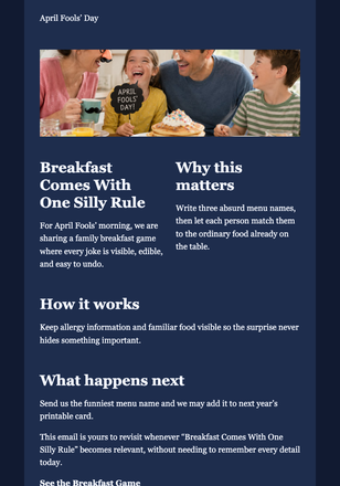 Breakfast Comes With One Silly Rule email design preview