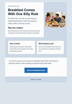 Breakfast Comes With One Silly Rule email design preview