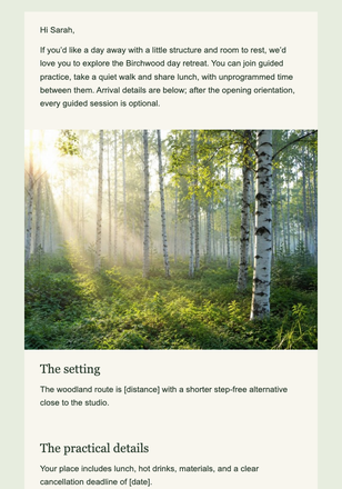 Birchwood Day Retreat email design preview
