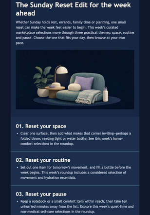 Sunday Reset Marketplace Digest email design preview