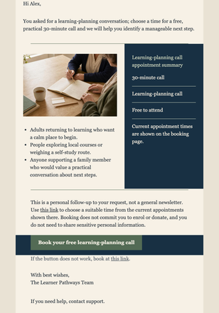 Book Your Learning Planning Call email design preview