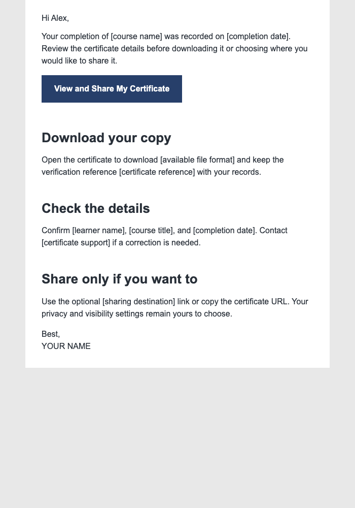 Course Certificate Ready email design preview