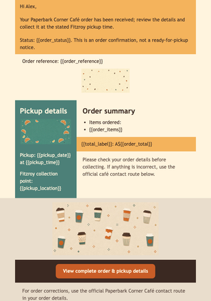 Café Pickup Order Receipt email design preview