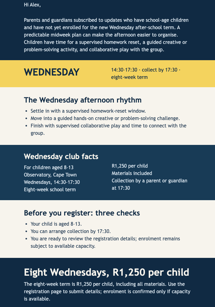 Wednesday Club Enrolment email design preview