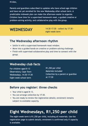 Wednesday Club Enrolment email design preview
