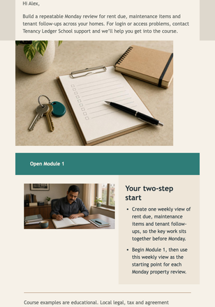 Course Start: Weekly Property Review email design preview