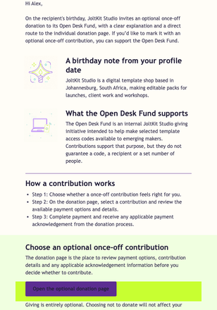 Birthday Open Desk Fund Invite email design preview