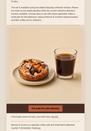 Saturday Coffee Set Pre-order email design preview