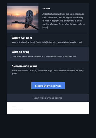 After-Dark Owl Walk Invitation email design preview