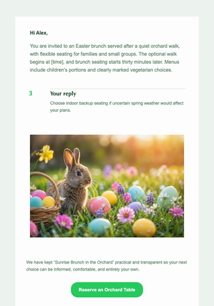 Sunrise Brunch in the Orchard email design preview