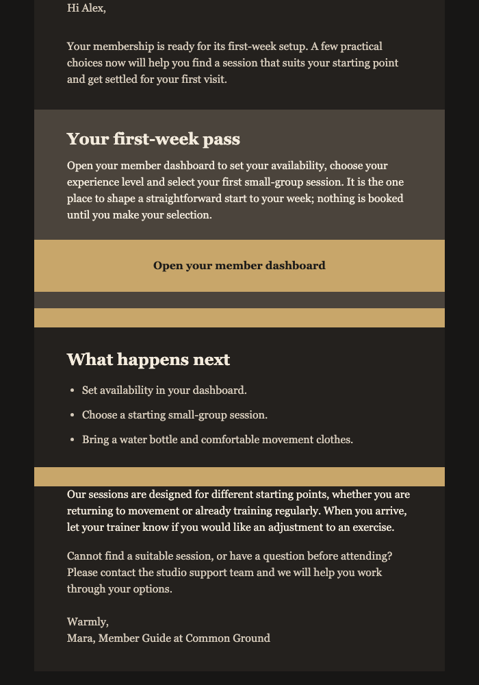 First Week Member Pass email design preview
