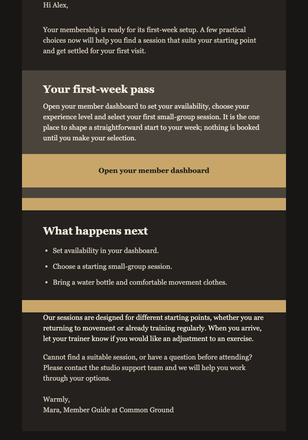 First Week Member Pass email design preview