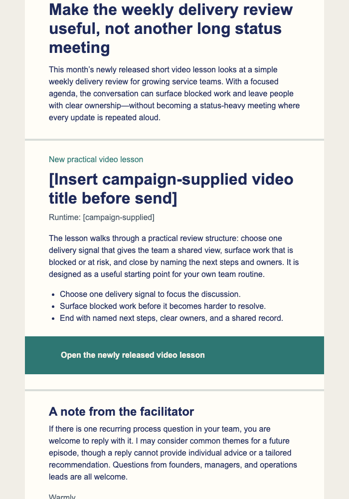 Monthly Operations Video Bulletin email design preview