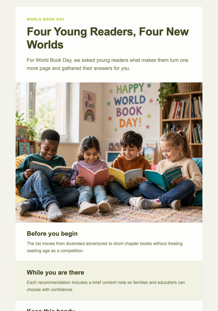 Four Young Readers, Four New Worlds email design preview