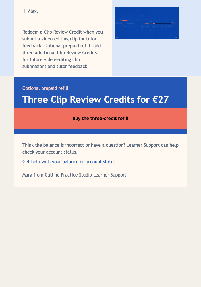 One Credit Left Refill email design preview