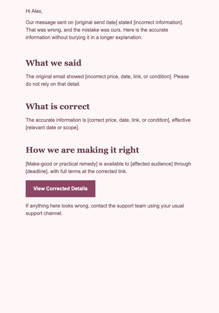 Correction and Make-Good email design preview