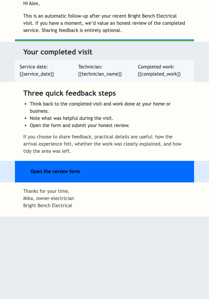 Completed Electrical Visit Review email design preview