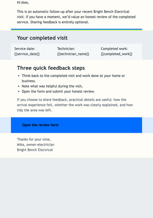 Completed Electrical Visit Review email design preview