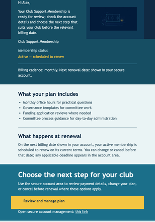 Club Plan Review email design preview